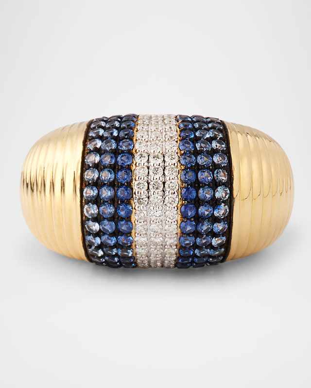 14K Yellow Gold Scallop Diamond and Sapphire Statement Ring, Size